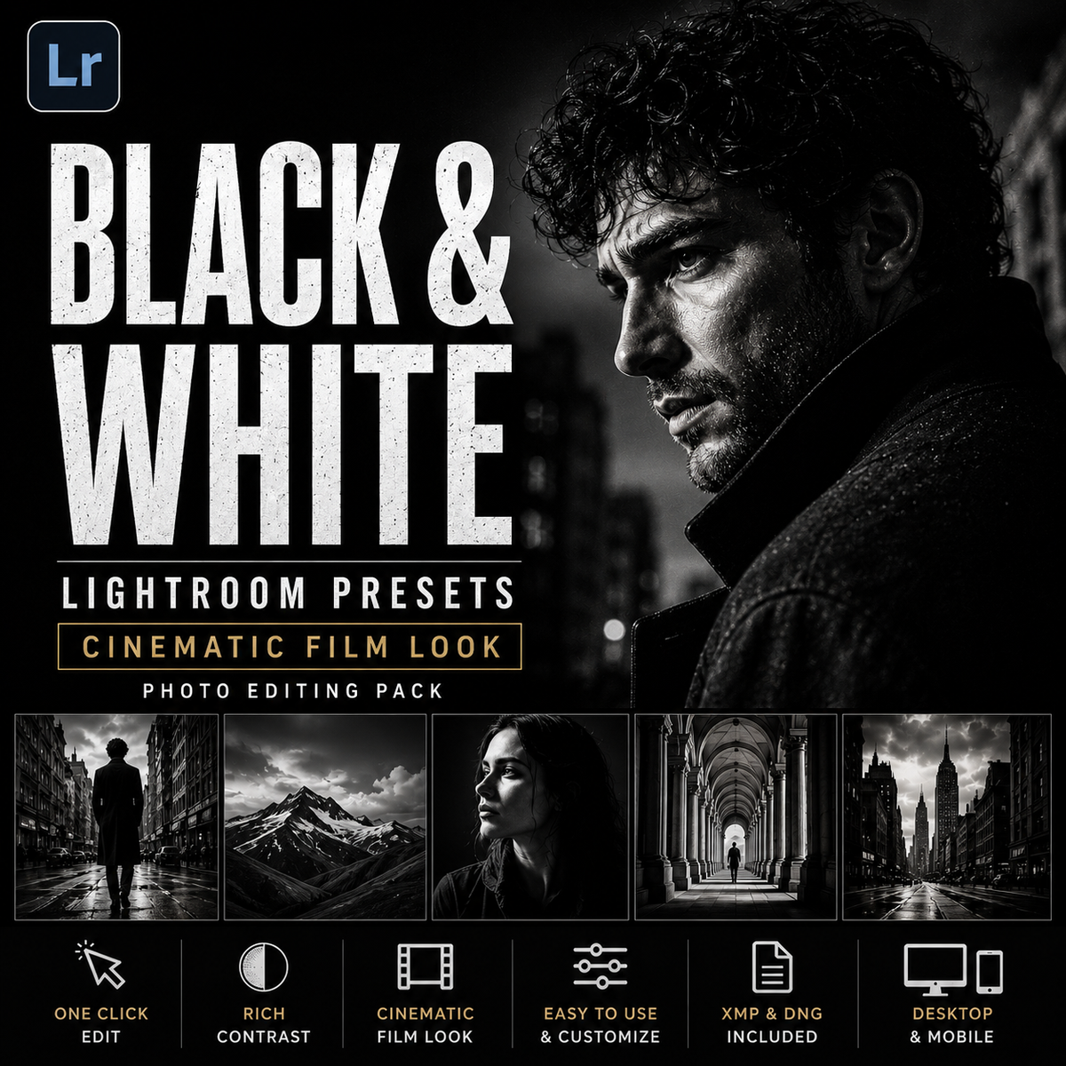 Promotional graphic for Lightroom presets featuring a dramatic black-and-white portrait of a man, large text reading 'BLACK & WHITE', and a row of example monochrome photo edits. The Adobe Lightroom logo is visible in the top-left corner.