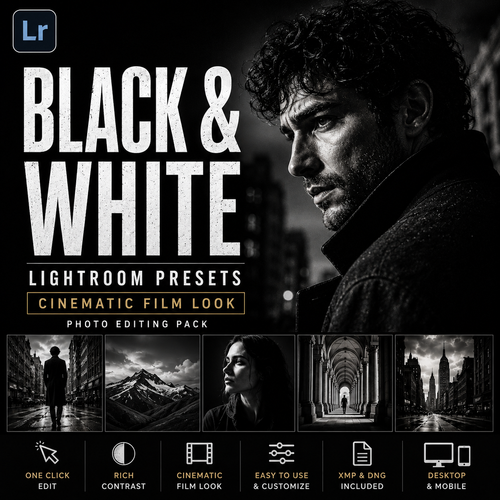 Promotional graphic for Lightroom presets featuring a dramatic black-and-white portrait of a man, large text reading 'BLACK & WHITE', and a row of example monochrome photo edits. The Adobe Lightroom logo is visible in the top-left corner.
