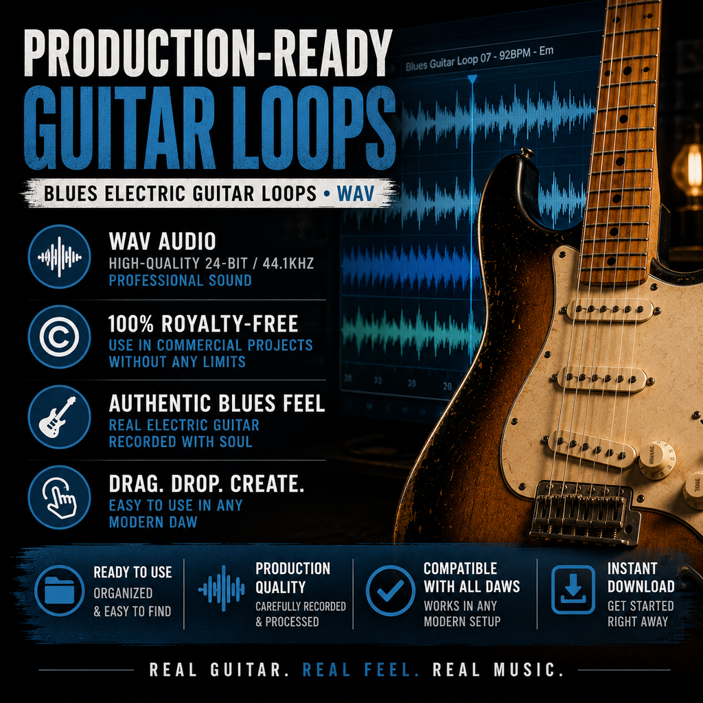Promotional graphic for 'Production-Ready Blues Electric Guitar Loops' featuring a large brown and black electric guitar on the right, blue waveform graphics, and text highlighting WAV audio, 100% royalty-free use, authentic blues feel, and compatibility with DAW.