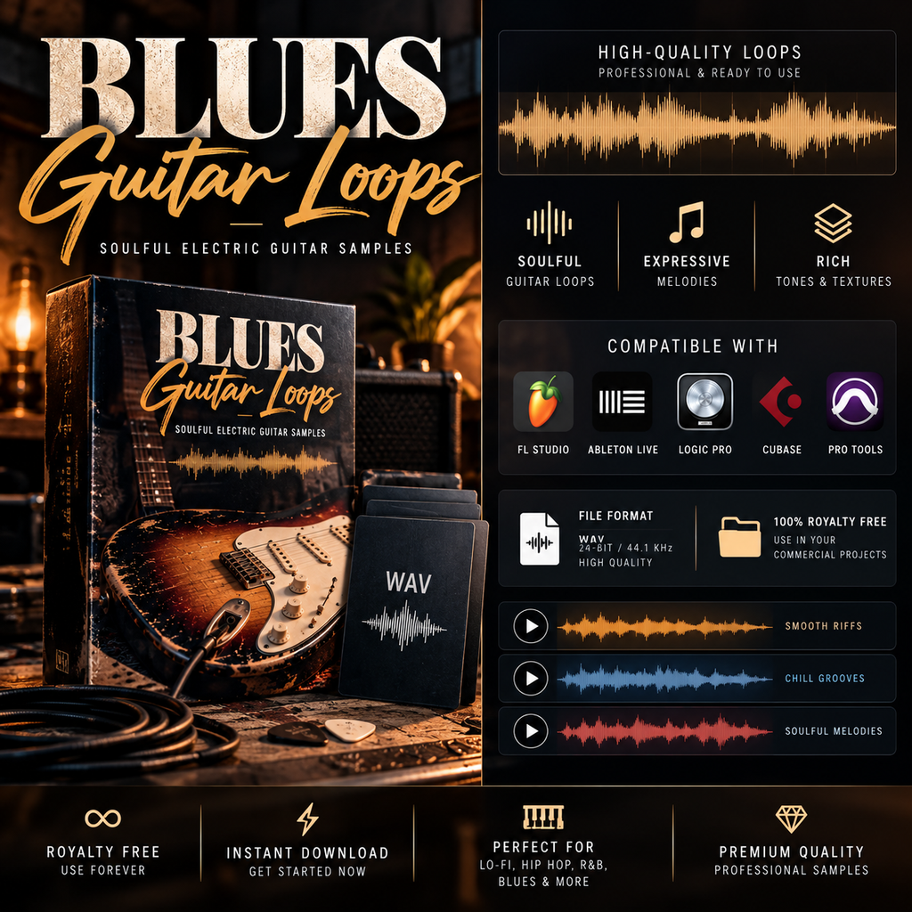 Promotional graphic for Blues Guitar Loops, showing a boxed sample pack, a black card labeled WAV, and audio waveform graphics on a dark background. Text highlights soulful electric guitar samples, high-quality loops, compatibility with FL Studio, Able Live, Logic Pro, and Garagepe, plus file formats and sample genres.