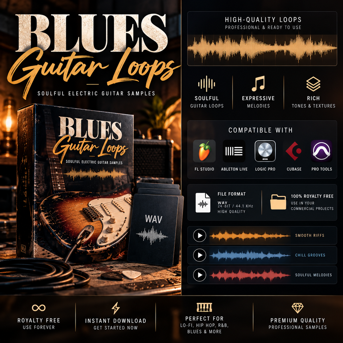 Promotional graphic for Blues Guitar Loops, showing a boxed sample pack, a black card labeled WAV, and audio waveform graphics on a dark background. Text highlights soulful electric guitar samples, high-quality loops, compatibility with FL Studio, Able Live, Logic Pro, and Garagepe, plus file formats and sample genres.