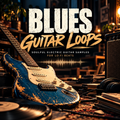 Promotional graphic for 'Blues Guitar Loops' featuring a distressed blue electric guitar in a warm, dark studio setting with vinyl records, headphones, and an amplifier. Large text reads 'BLUES GUITAR LOOPS' with smaller subtitle 'SOULFUL ELECTRIC GUITAR SAMPLES FOR LO-PI BEATS'.