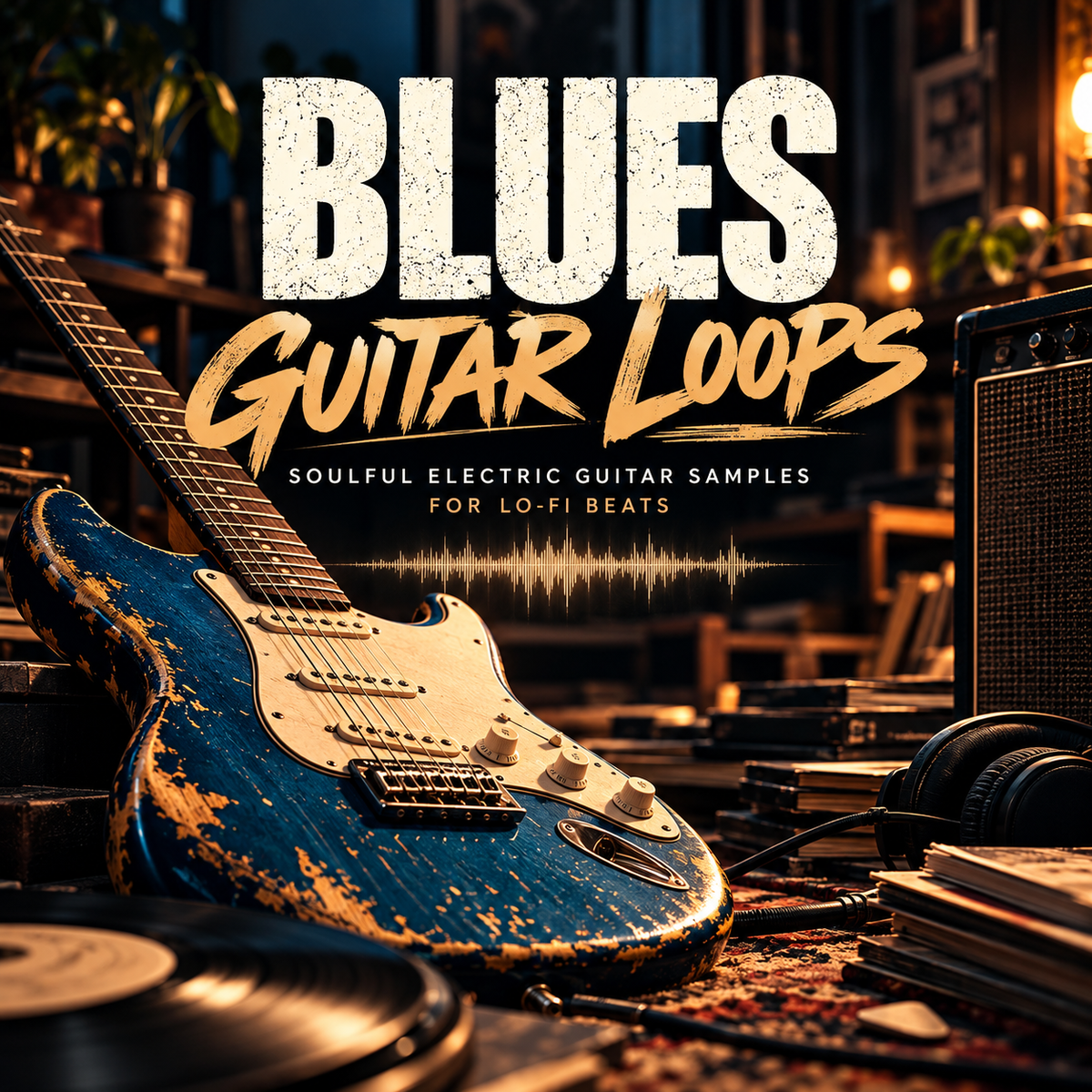 Promotional graphic for 'Blues Guitar Loops' featuring a distressed blue electric guitar in a warm, dark studio setting with vinyl records, headphones, and an amplifier. Large text reads 'BLUES GUITAR LOOPS' with smaller subtitle 'SOULFUL ELECTRIC GUITAR SAMPLES FOR LO-PI BEATS'.