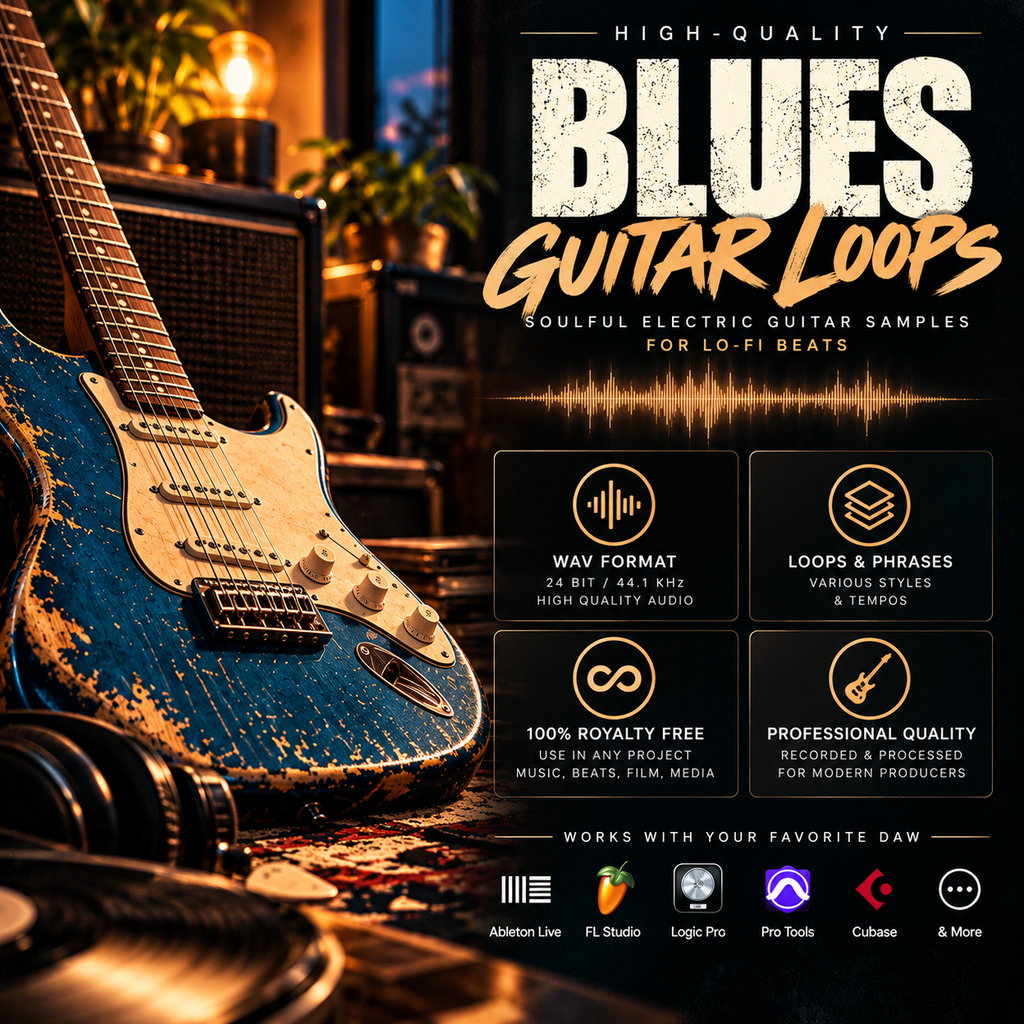 Promotional graphic for Blues Guitar Loops, featuring a close-up of a blue electric guitar on a warmly lit stage background. Large text reads 'BLUES GUITAR LOOPS' with smaller copy about soulful electric guitar samples for Lo-Fi beats.