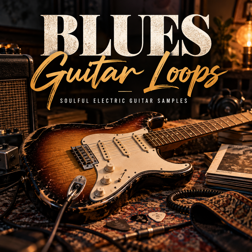 Promotional cover art for 'Blues Guitar Loops' featuring a heavily distressed sunburst electric guitar on a patterned rug with an amplifier, cables, and records in a warm, moody setting. The title is displayed in large textured white and gold lettering at the top.