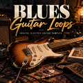 Promotional cover art for 'Blues Guitar Loops' featuring a heavily distressed sunburst electric guitar on a patterned rug with an amplifier, cables, and records in a warm, moody setting. The title is displayed in large textured white and gold lettering at the top.