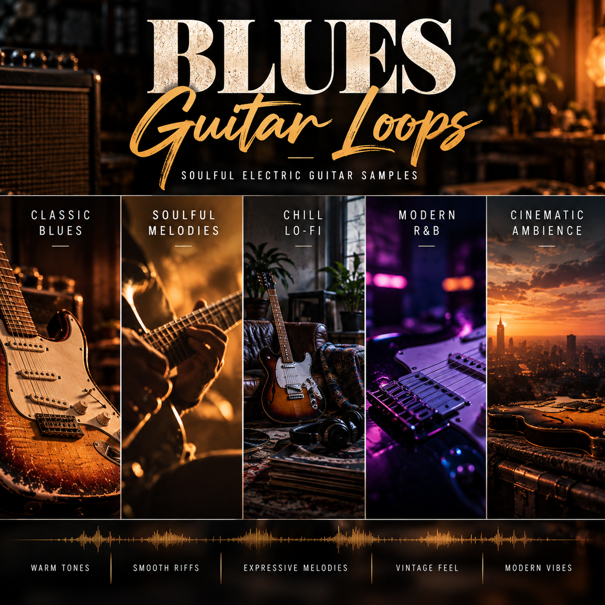 Promotional graphic for 'Blues Guitar Loops' featuring five vertical panels with electric guitars, amplifiers, and warm-toned music imagery, plus text labels for Classic Blues, Soulful Melodies, Chill Lo-Fi, Modern R&B, and Cinematic Ambience.