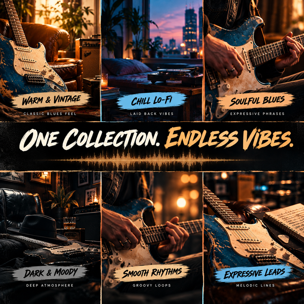 A promotional collage for a music sample pack or audio collection, featuring six warm-toned panels with close-up guitar scenes and text labels such as Warm & Vintage, Chill Lo-Fi, Soulful Blues, Dark & Moody, Smooth Rhythms, and Expressive Leads. Large central text reads 'ONE COLLECTION.