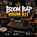 Promotional cover art for a drum sample pack titled 'BOOM BAP DRUM KIT' by Nymly Studio. The design shows a MPC drum machine, vinyl records, a speaker, and stacked records in a dark hip-hop themed setting.