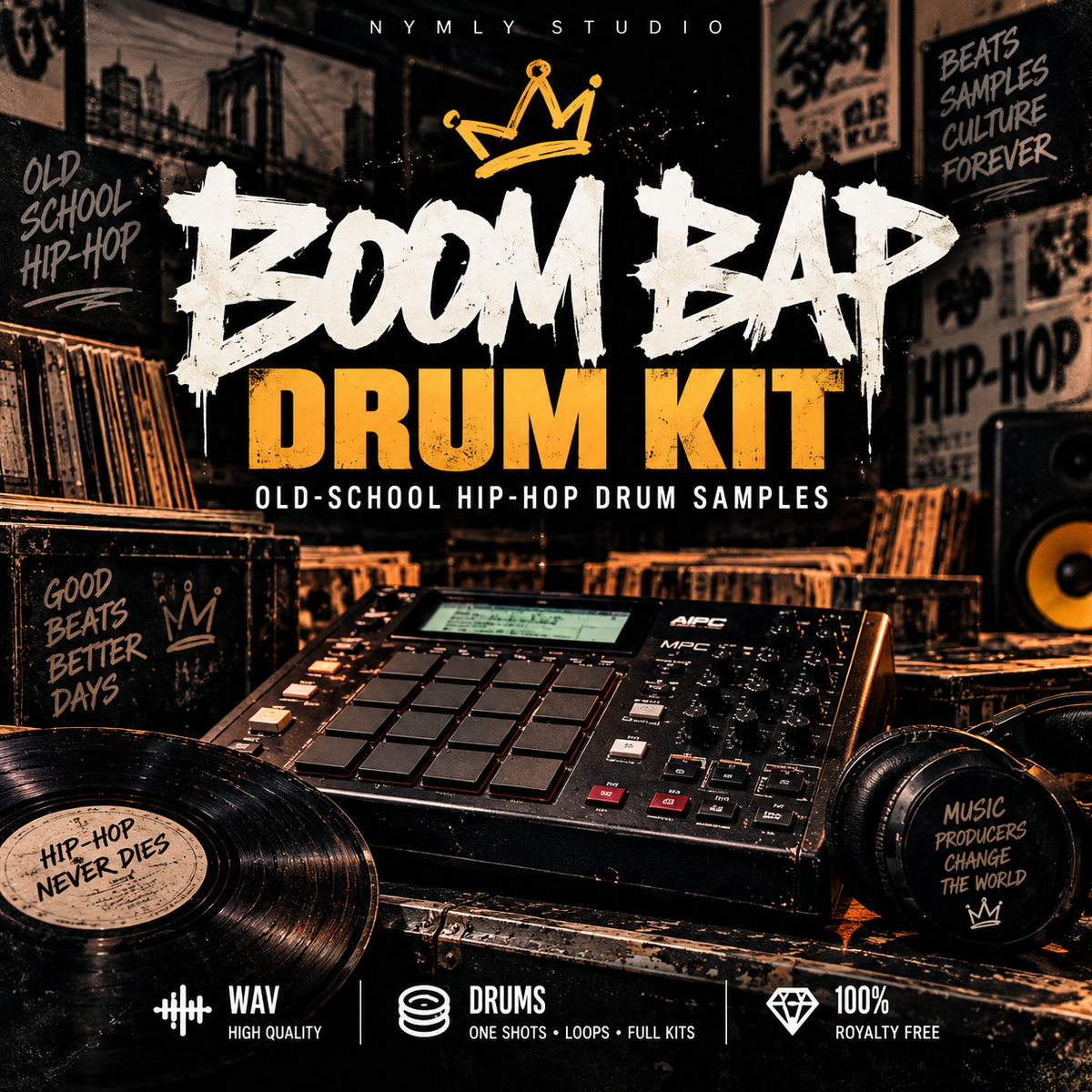 Promotional cover art for a drum sample pack titled 'BOOM BAP DRUM KIT' by Nymly Studio. The design shows a MPC drum machine, vinyl records, a speaker, and stacked records in a dark hip-hop themed setting.