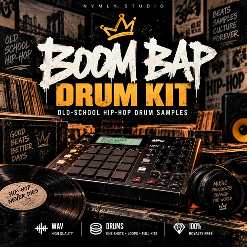 Promotional cover art for a drum sample pack titled 'BOOM BAP DRUM KIT' by Nymly Studio. The design shows a MPC drum machine, vinyl records, a speaker, and stacked records in a dark hip-hop themed setting.