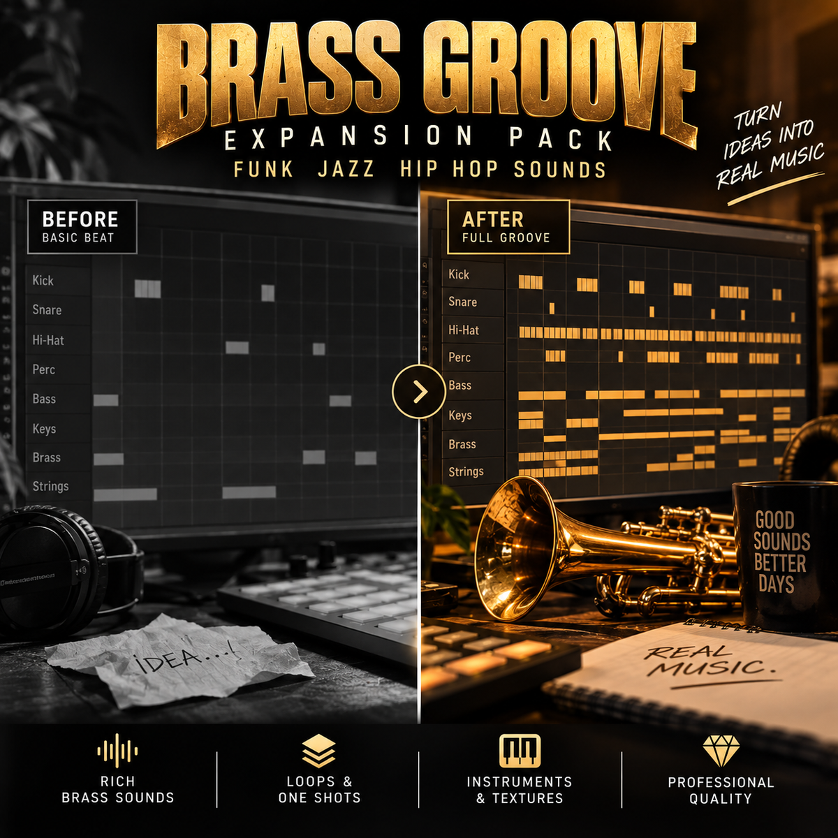 Promotional graphic for a brass groove expansion pack featuring before-and-after music production comparisons, with a brass instrument, computer screen, and text highlighting funk, jazz, hip hop, and one-shot sounds.