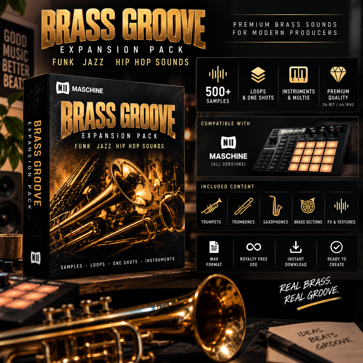 Brass Groove Expansion Pack digital audio sample pack packaging and promotional graphic, featuring a box with brass instrument artwork, a trumpet in the foreground, and a Maschine controller shown on the right against a dark stylized background.