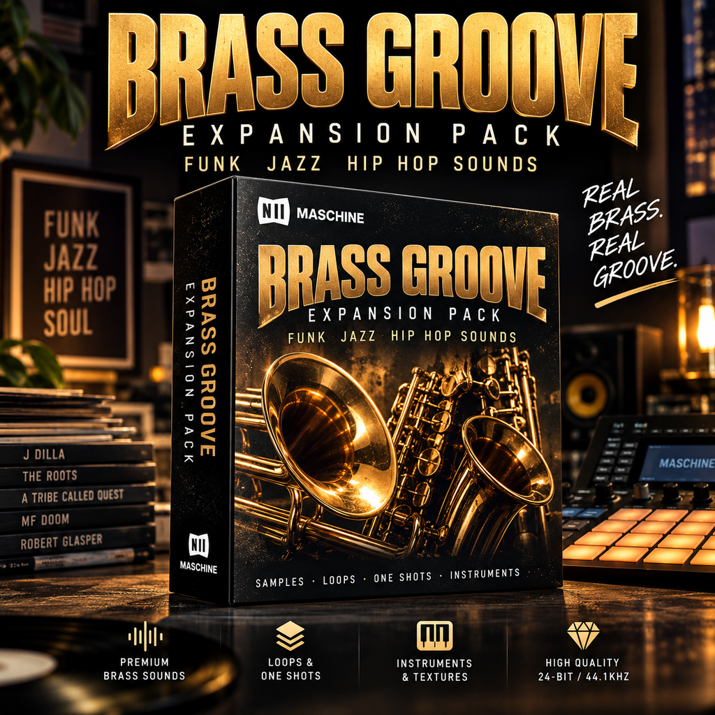 A boxed audio sample pack titled "BRASS GROOVE EXPANSION PACK" displayed prominently in a dark, brass-heavy studio setting. The box front shows brass instruments and the brand name "M1 MASCHINE.