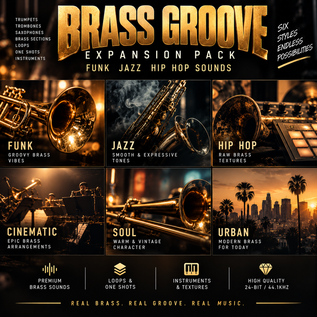 Promotional graphic for the Brass groove Expansion Pack, featuring six distinct music genres: Funk, Jazz, Hip Hop, Cinematic, Soul, and Urban. The design uses a dark, moody aesthetic with golden brass instruments, including trumpets, saxophones, and trombones, set against warm sunset backdrops.