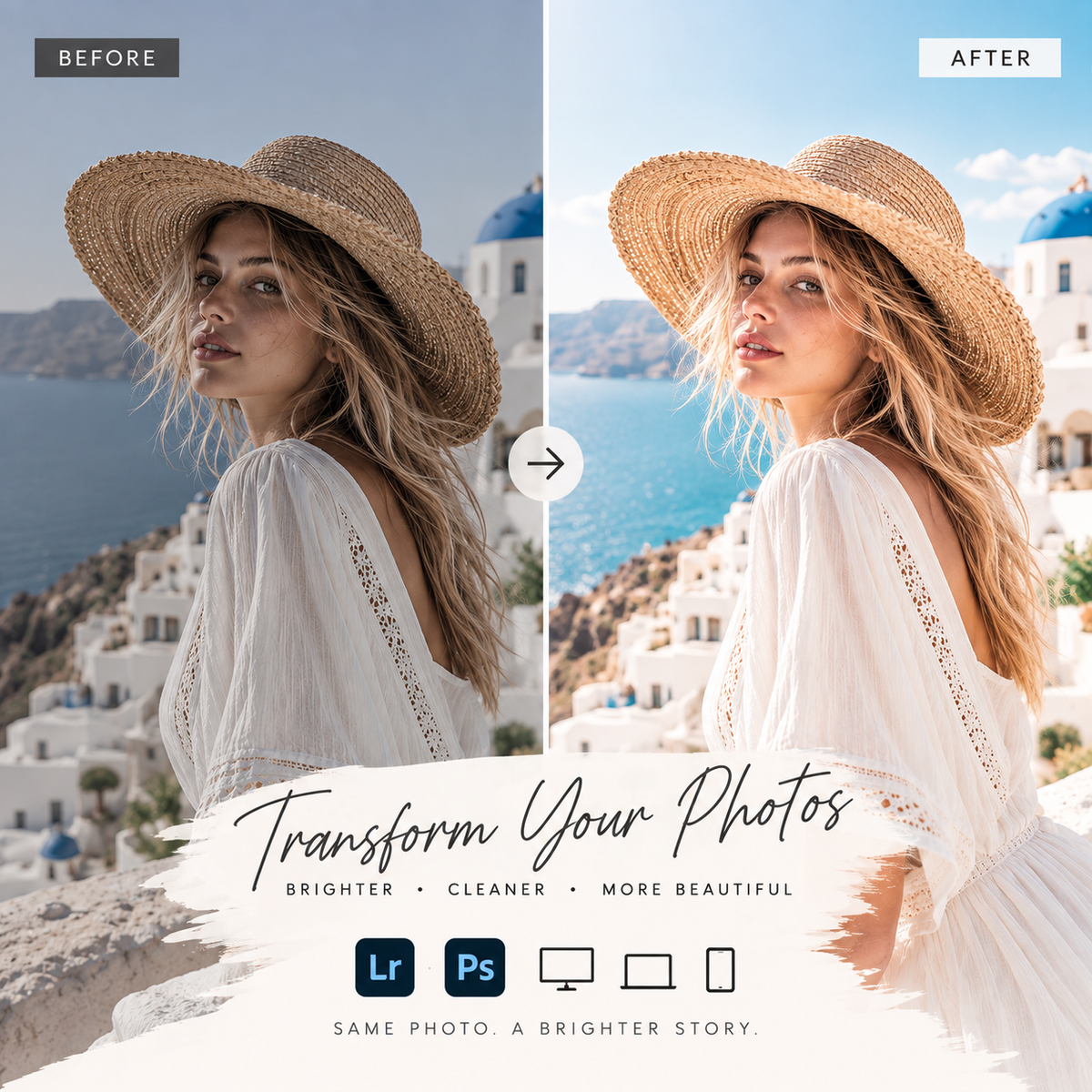 Before-and-after photo editing comparison showing a woman in a straw hat and white dress against a coastal hillside background, with text reading 'Transform Your Photos' and software icons for Lightroom and Photoshop.