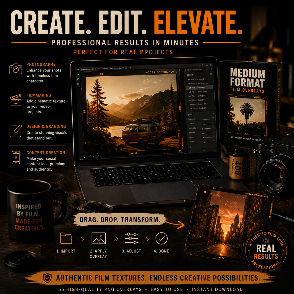 Promotional graphic for a digital video editing template pack titled 'CREATE. EDIT.