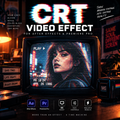 Promotional graphic for a 'CRT Video Effect' preset pack for After Effects and Premiere Pro. The design features a retro television displaying a grainy, colorful screen with a woman's face and a VHS tape in the foreground, set against a dark, warm-toned room background with vintage props.