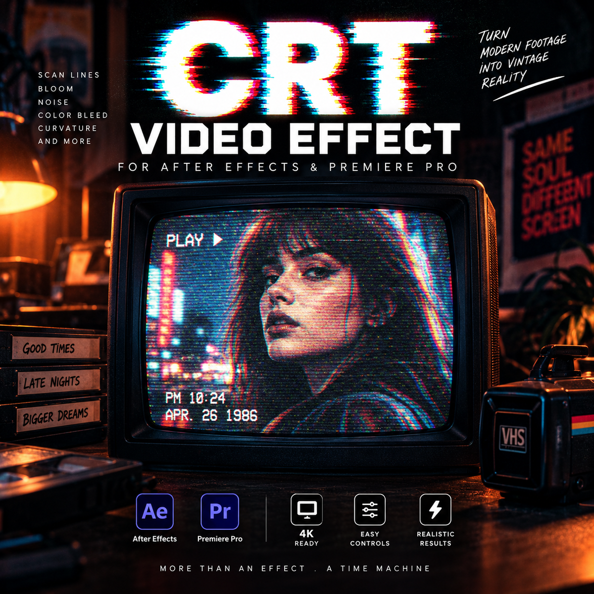 Promotional graphic for a 'CRT Video Effect' preset pack for After Effects and Premiere Pro. The design features a retro television displaying a grainy, colorful screen with a woman's face and a VHS tape in the foreground, set against a dark, warm-toned room background with vintage props.