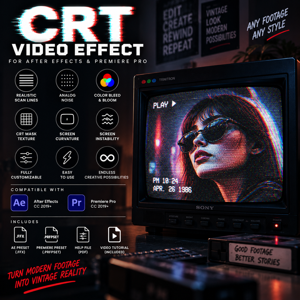 Promotional graphic for a CRT video effect preset pack for Adobe After Effects and Premiere Pro, featuring a retro CRT monitor mockup displaying a vintage-style portrait with pixelated scanline effects. The left side lists features such as realistic scan lines, analog noise, color bleed & bloom, CRT mask texture, screen curvature, screen instability, fully customizable parameters, and compatibility with After Effects CC 2021 and Premiere Pro CC 2021.