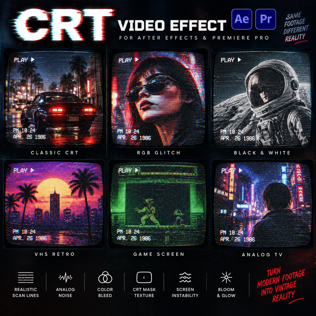 Promotional graphic for a 'CRT Video Effect' preset pack for Adobe After Effects and Premiere Pro. The design features a dark background with a large stylized 'CRT' logo at the top, six sample video effect panels (Classic CRT, RGB Glitch, Black & White, VHS Retro, Game Screen, Analog TV) in the center, and feature icons/text at the bottom.