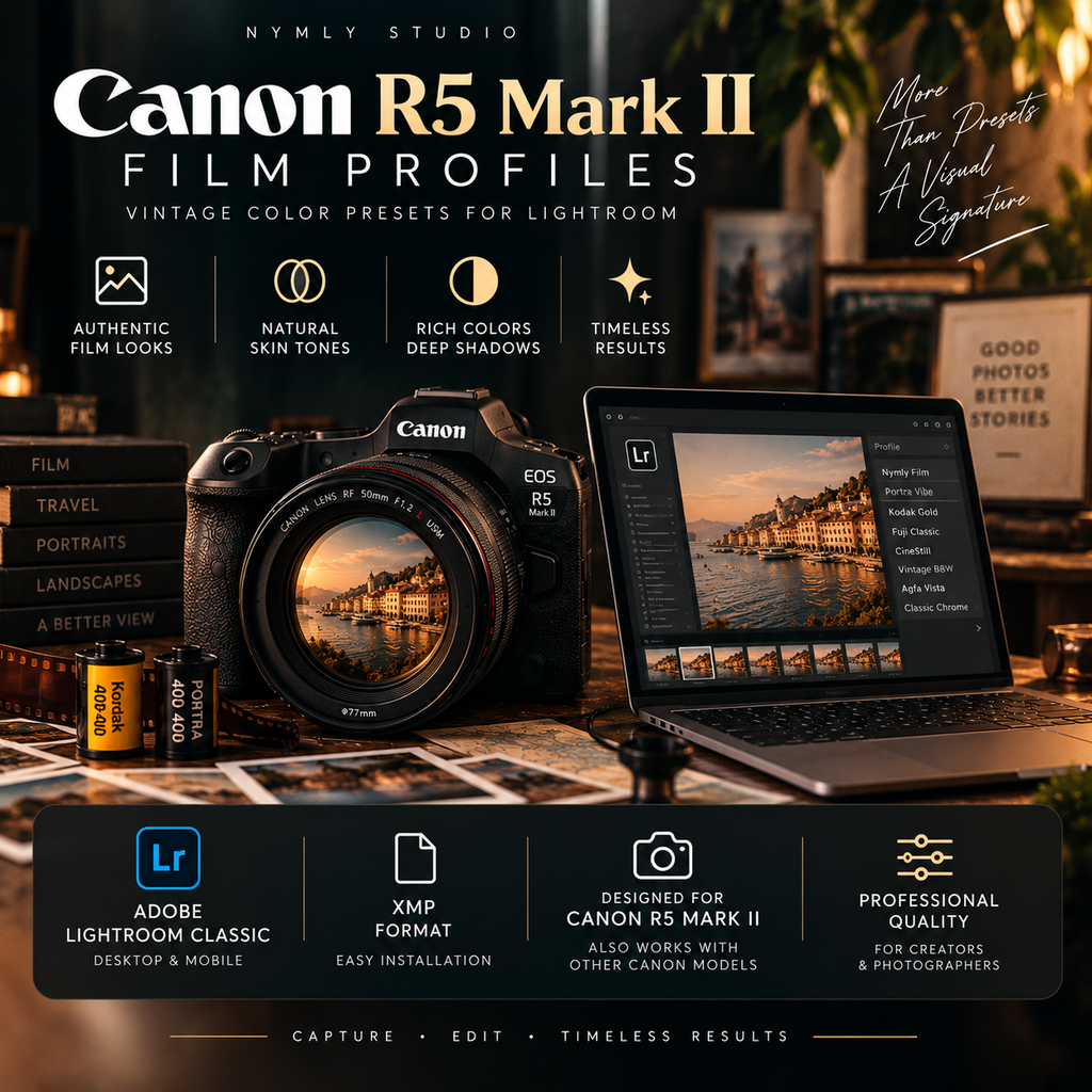 Promotional graphic for 'Canon R5 Mark II Film Profiles' by Nymly Studio, showing a Canon EOS R5 camera and laptop displaying a photo editing interface on a warm, vintage-styled desk background with film reels.
