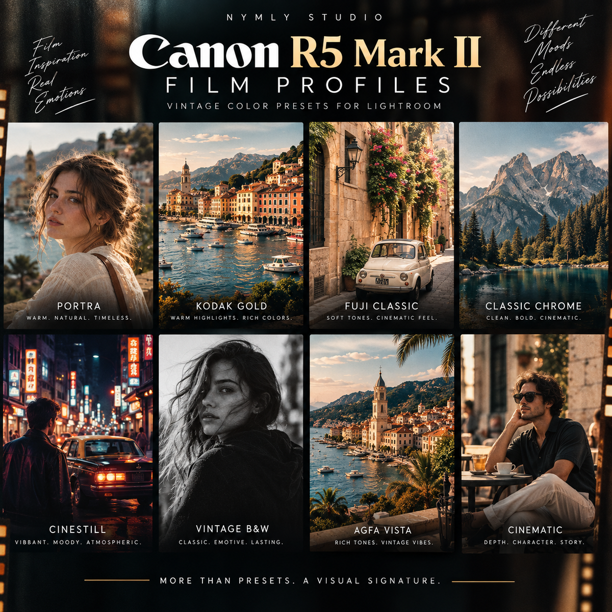 Promotional graphic for Canon R5 Mark II film profiles by Nymly Studio, showing six preset style panels: Portra, Kodak Gold, Fuji Classic, Classic Chrome, Cinestill, Vintage B&W, Agfa Vista, and Cinematic. The design uses warm, cinematic imagery and text on a dark background.