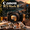 Promotional graphic for 'Canon R5 Mark II Film Profiles' by Nymly Studio, showing a Canon EOS R5 camera with a vintage film canister, scattered photos, and a book on a scenic coastal background. Text highlights compatibility with Adobe Lightroom and includes features like vintage color profiles, XMP format, and authentic film looks.