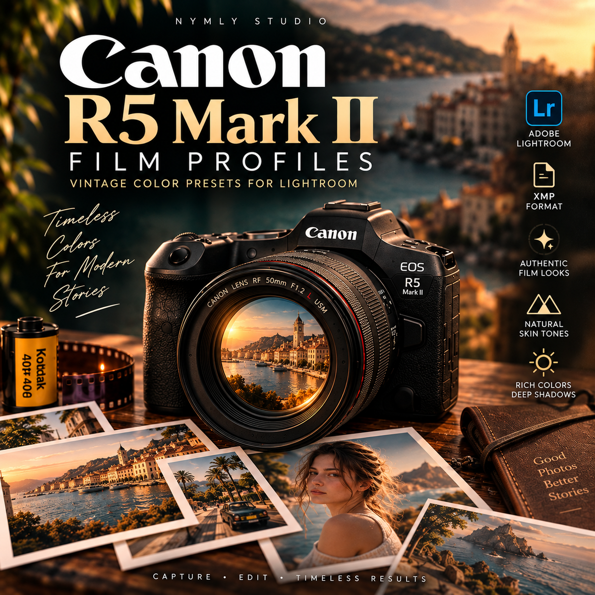 Promotional graphic for 'Canon R5 Mark II Film Profiles' by Nymly Studio, showing a Canon EOS R5 camera with a vintage film canister, scattered photos, and a book on a scenic coastal background. Text highlights compatibility with Adobe Lightroom and includes features like vintage color profiles, XMP format, and authentic film looks.