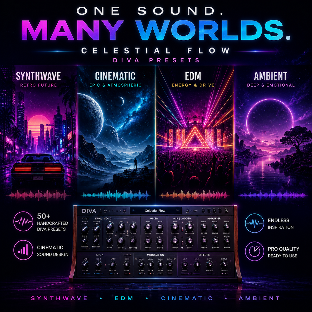 Promotional graphic for DIVA presets featuring four vertical panels with neon synthwave, cinematic, EDM, and ambient soundscapes above a modular preset rack labeled 'Celestial Flow'. Large text reads 'ONE SOUND.