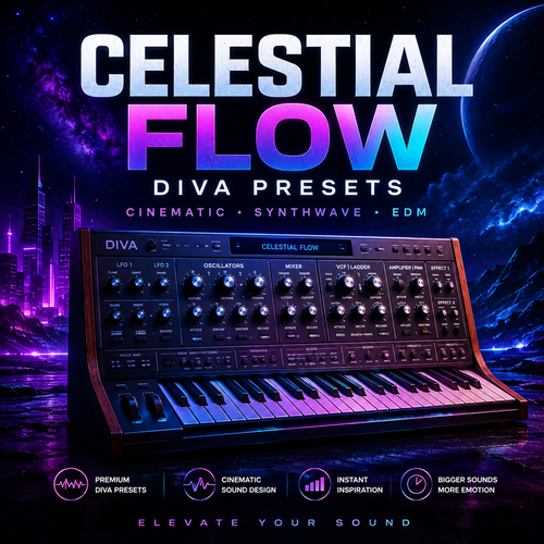 Promotional graphic for 'Celestial Flow Diva Presets' showing a synthesizer keyboard with glowing purple and blue lighting against a cosmic cityscape background. Large text reads 'CELESTIAL FLOW' with 'DIVA PRESETS' below, and feature callouts along the bottom.