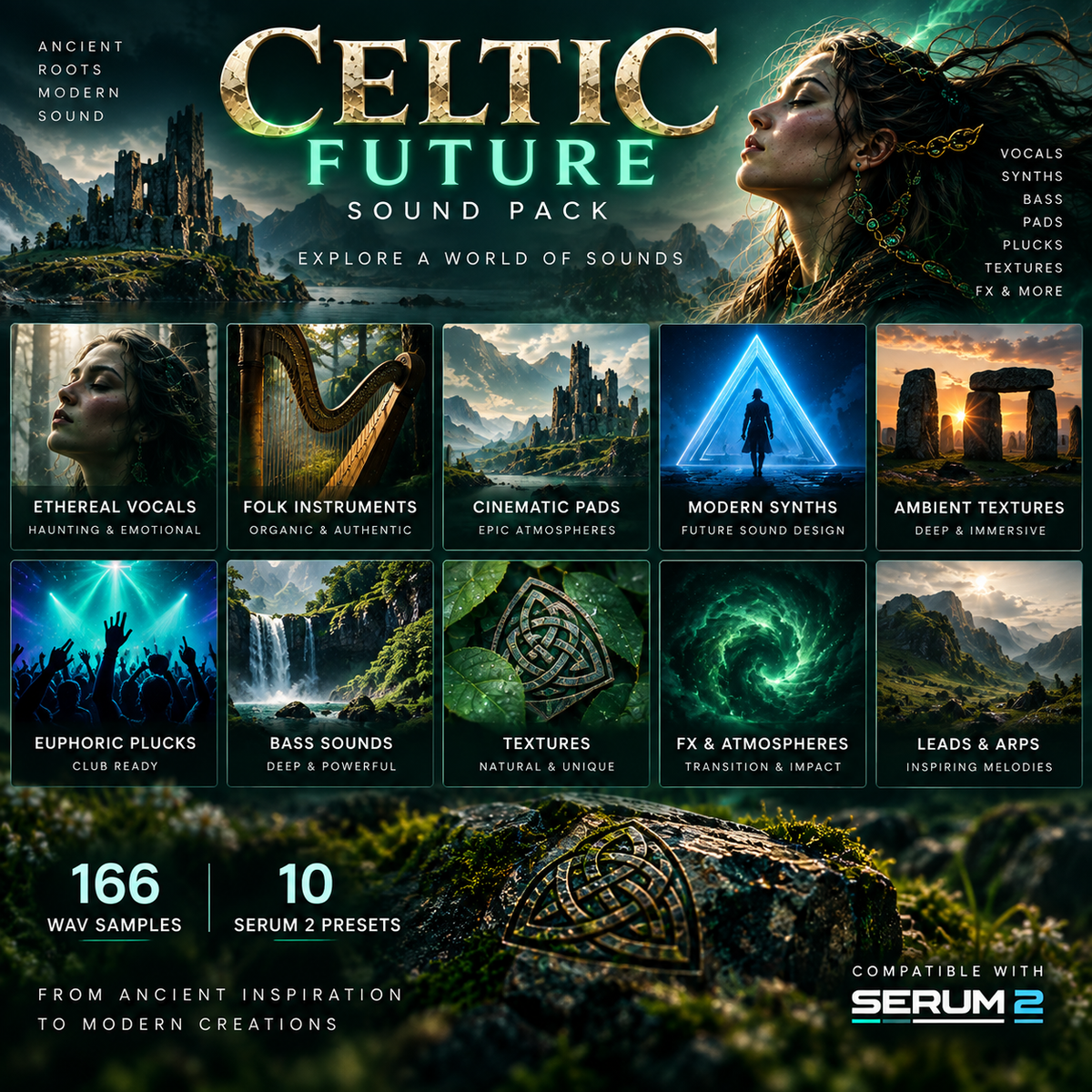 Promotional graphic for a Celtic Future sound pack, featuring a collage of illustrated and photographed sound-themed tiles including ethereal vocals, folk instruments, cinematic pads, modern synths, ambient textures, euphoric plucks, bass sounds, textures, FX and atmospheres, and leads and arps. Text highlights 166 wav samples, 10 presets, and compatibility with Serum 2.