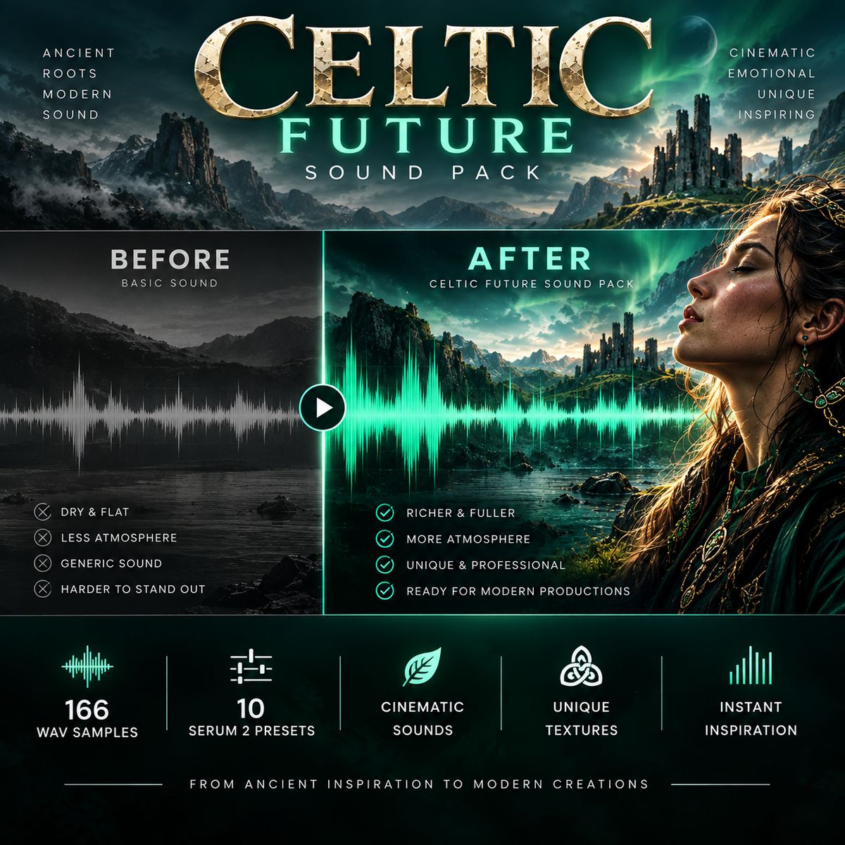 Promotional graphic for a Celtic Future Sound Pack, showing a before-and-after comparison with a woman's face on the right, glowing green landscape effects, and feature icons along the bottom.