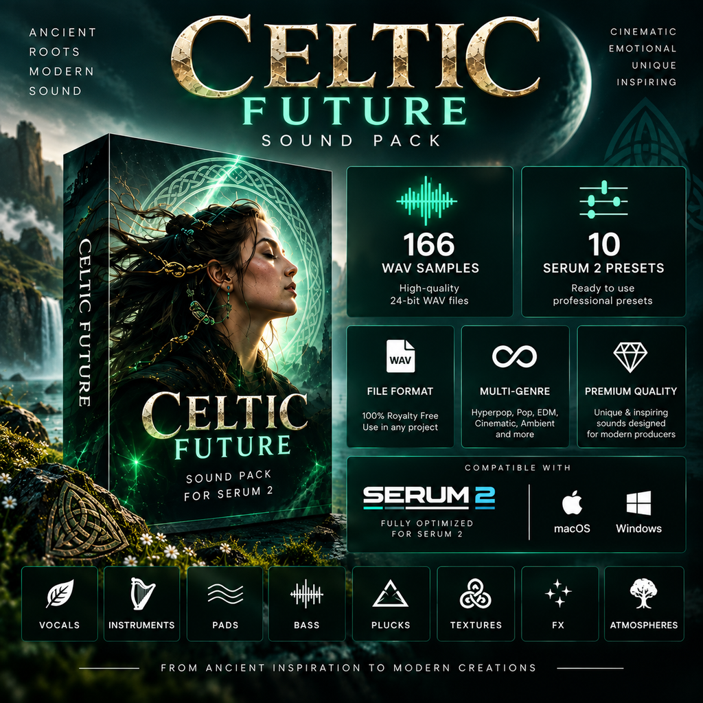 Promotional graphic for the Celtic Future Sound Pack, showing a stylized software/package box cover with a woman's portrait, large 'CELTIC FUTURE' title, feature callouts for 166 WAV samples and 10 presets, compatibility with Serum 2, and genre tags including vocals, instruments, pads, bass, plucks, textures, FX, and atmospheres.