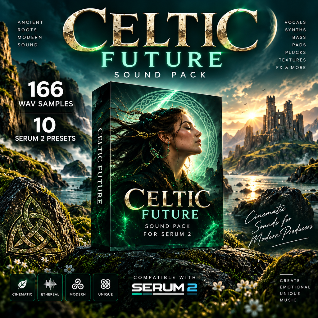 Celtic Future Sound Pack for Serum 2 with 166 WAV samples and 10 presets, shown in a cinematic Celtic fantasy scene.