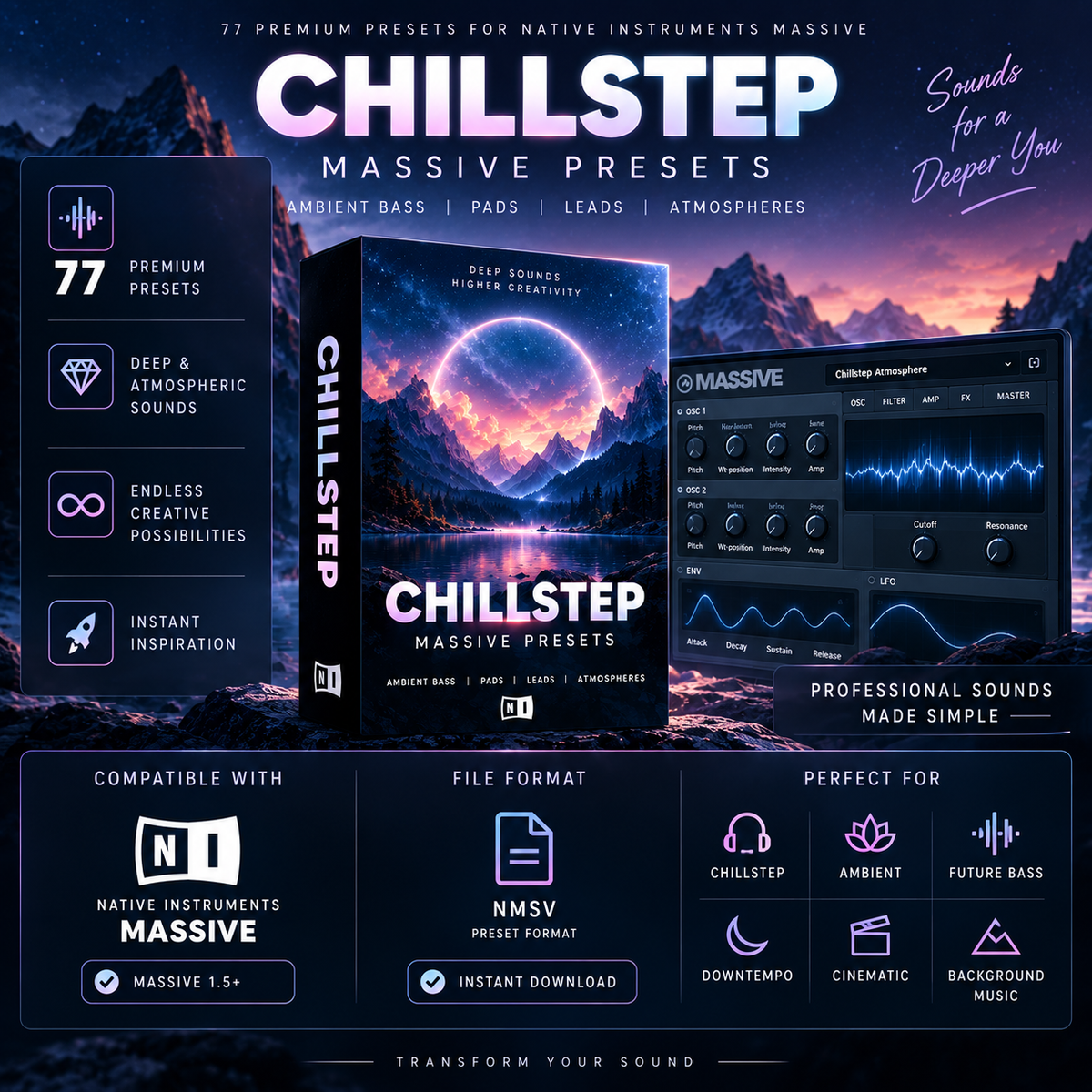 Promotional graphic for Chillstep Massive Presets, showing a software preset box, a digital audio plugin interface, and feature callouts on a dark sci-fi landscape background. Text highlights 77 premium presets for Native Instruments Massive, ambient bass, pads, leads, and atmospheres.