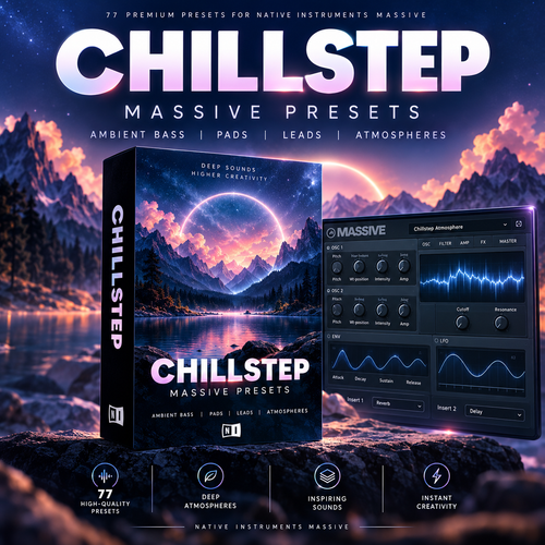 Promotional graphic for Chillstep Massive Presets, showing a boxed preset pack, a software interface panel, and scenic mountain-and-lake artwork with glowing moon phases. Text highlights ambient bass, pads, leads, and atmospheres, with feature icons along the bottom.