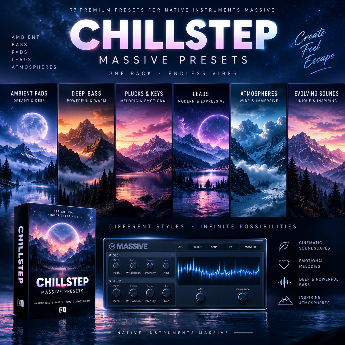 Promotional graphic for Chillstep Massive Presets, showing a software product box, a virtual audio module interface, and six scenic landscape panels with purple moon and mountain imagery. Large text reads 'CHILLSTEP MASSIVE PRESETS' and includes feature callouts like ambient bass pads, deep bass, fluecks & keys, leads, atmospheres, and evolving sounds.