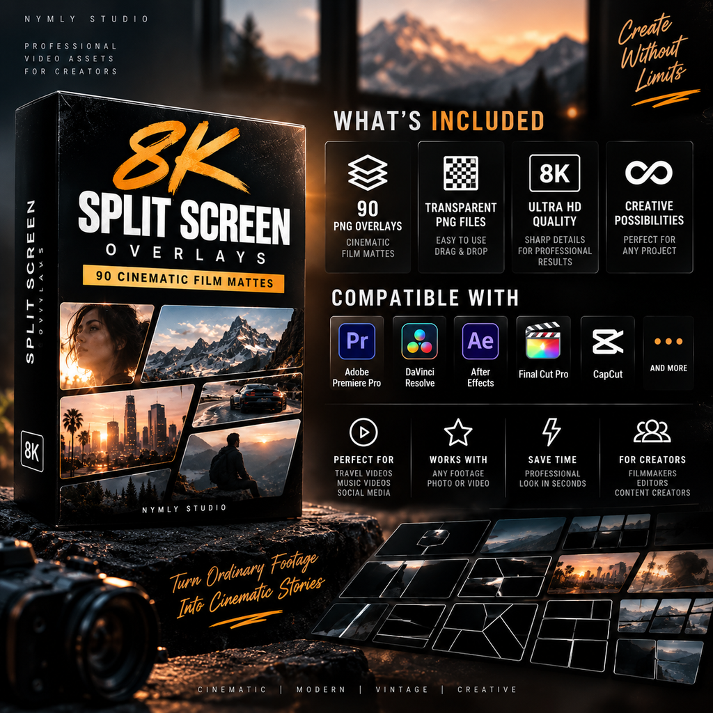 Promotional graphic for a digital product, '8K Split Screen Overlays' by Nymly Studio. The left side shows a 3D mockup of the black software box with colorful cinematic preview images.