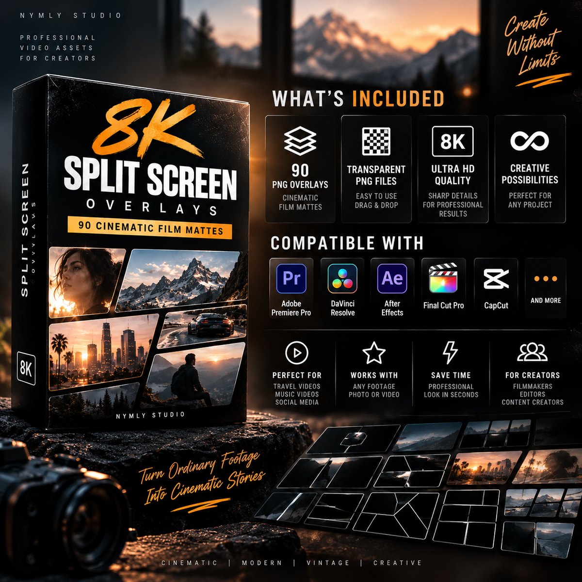 Promotional graphic for a digital product, '8K Split Screen Overlays' by Nymly Studio. The left side shows a 3D mockup of the black software box with colorful cinematic preview images.