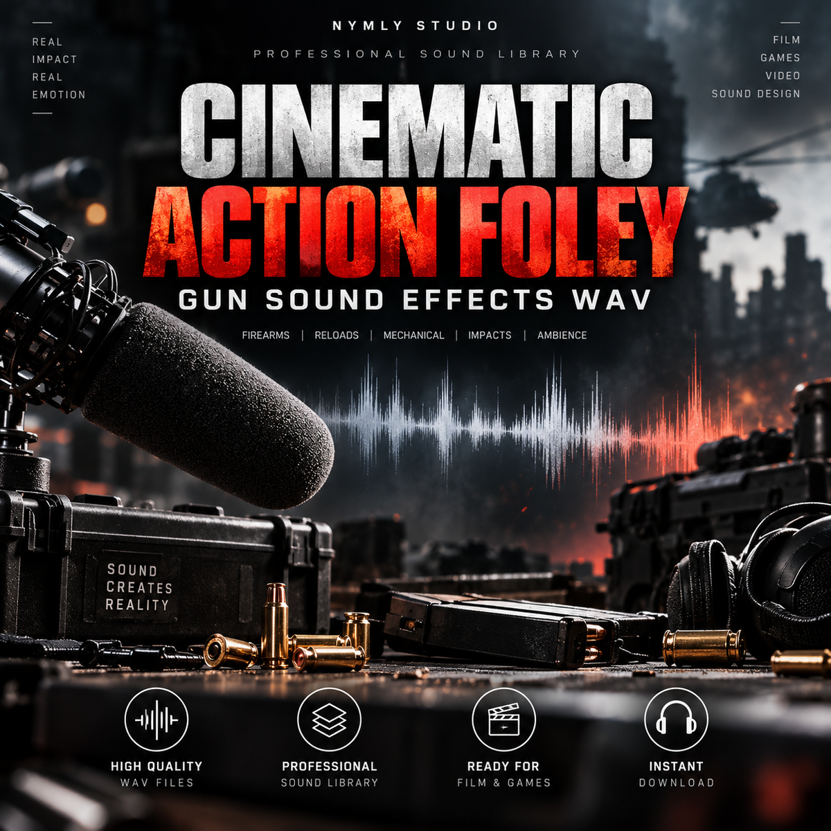 Promotional cover art for a cinematic action Foley sound library by Nymly Studio, featuring a microphone, shotgun, bullets, headphones, and a dramatic fiery background with text reading 'Cinematic Action Foley' and 'Gun Sound Effects WAV'.