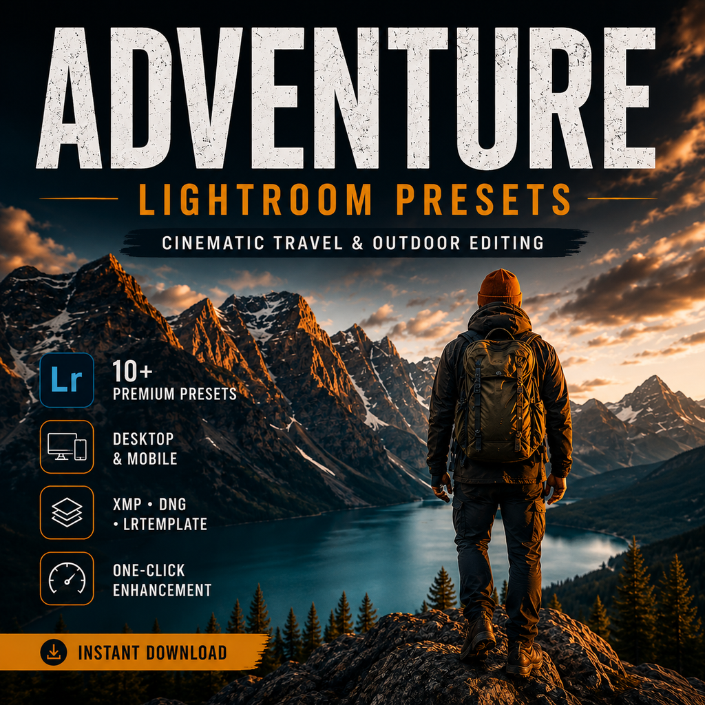 Promotional graphic for 'Adventure Lightroom Presets' showing a scenic mountain and lake landscape with a hiker in the foreground. Large white and orange text reads 'ADVENTURE LIGHTROOM PRESETS' with feature callouts including '10+ Premium Presets', 'Desktop & Mobile', 'XMP + PNG + LRTemplate', and 'Instant Download'.