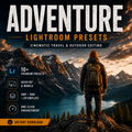 Promotional graphic for 'Adventure Lightroom Presets' showing a scenic mountain and lake landscape with a hiker in the foreground. Large white and orange text reads 'ADVENTURE LIGHTROOM PRESETS' with feature callouts including '10+ Premium Presets', 'Desktop & Mobile', 'XMP + PNG + LRTemplate', and 'Instant Download'.
