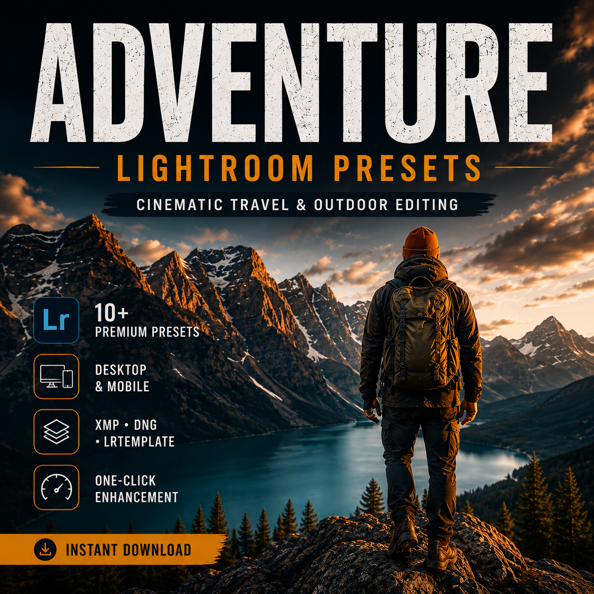 Promotional graphic for 'Adventure Lightroom Presets' showing a scenic mountain and lake landscape with a hiker in the foreground. Large white and orange text reads 'ADVENTURE LIGHTROOM PRESETS' with feature callouts including '10+ Premium Presets', 'Desktop & Mobile', 'XMP + PNG + LRTemplate', and 'Instant Download'.