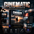 Promotional graphic for a cinematic After Effects presets, overlays, and SFX toolkit, showing a large central software box mockup with a mountain sunset scene, film reels, camera equipment, and feature icons below. Large text reads 'CINEMATIC AFTER EFFECTS' with Adobe After Effects branding visible.