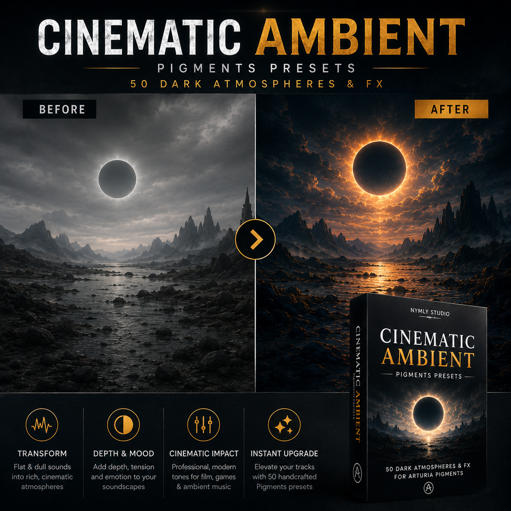 Promotional graphic for 'Cinematic Ambient Pigments Presets' showing a before-and-after split screen of a dark sci-fi landscape with an eclipse, plus a product box and feature icons at the bottom.