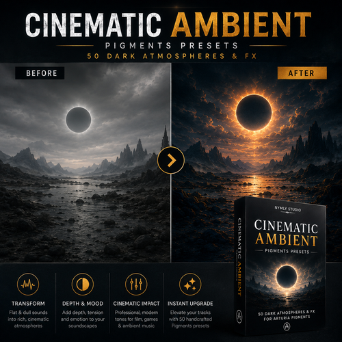 Promotional graphic for 'Cinematic Ambient Pigments Presets' showing a before-and-after split screen of a dark sci-fi landscape with an eclipse, plus a product box and feature icons at the bottom.