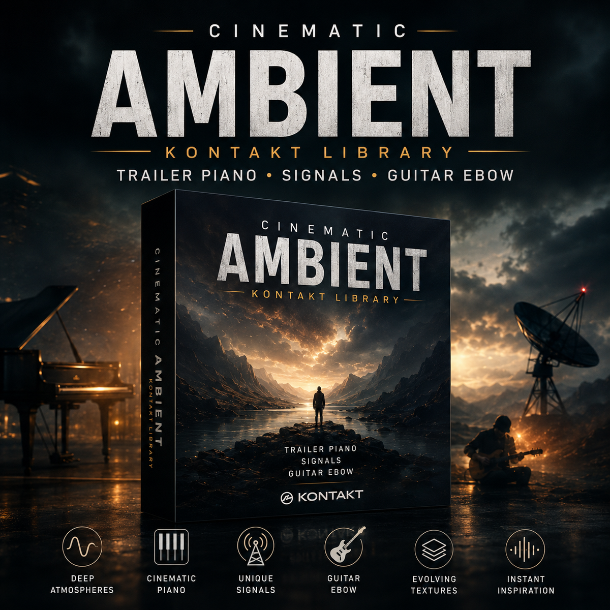 Promotional graphic for a digital audio sample pack titled 'Cinematic Ambient Kontakt Library' with a large product box centered in front of a moody mountain landscape at sunset. The box text includes 'Trailer Piano', 'Signals', and 'Guitar Ebow', and the Kontakt logo is visible.