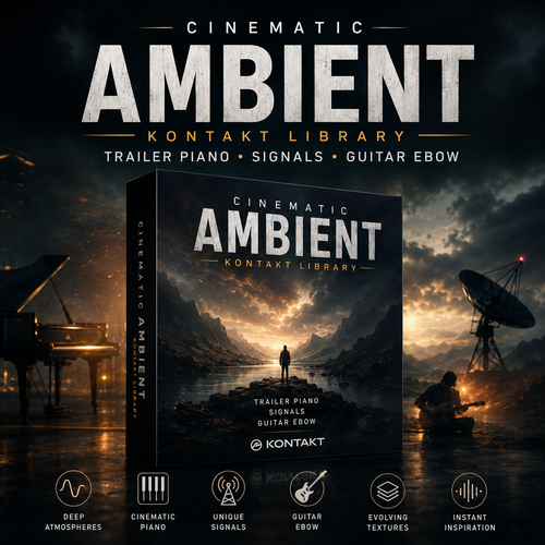 Promotional graphic for a digital audio sample pack titled 'Cinematic Ambient Kontakt Library' with a large product box centered in front of a moody mountain landscape at sunset. The box text includes 'Trailer Piano', 'Signals', and 'Guitar Ebow', and the Kontakt logo is visible.