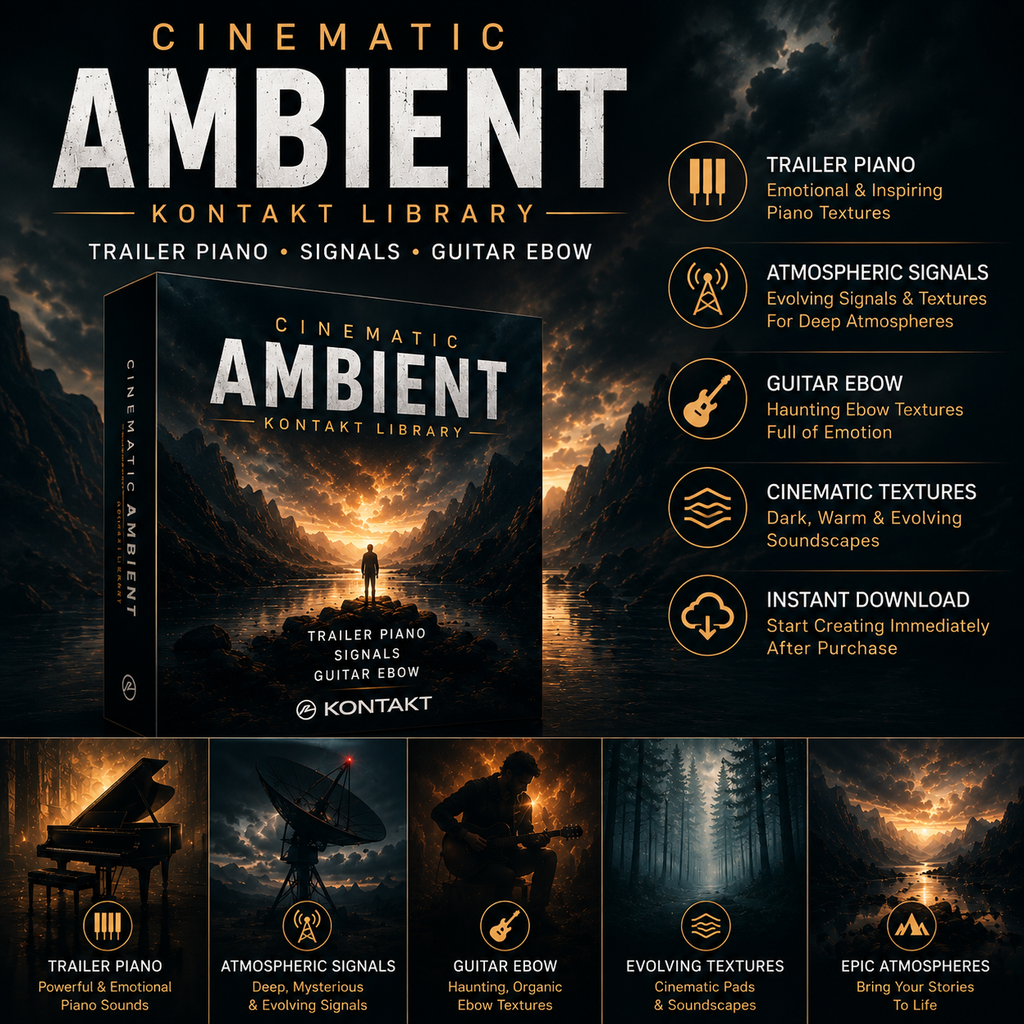 Promotional graphic for Kontakt Library Cinematic Ambient Trailer Piano signals and guitar ebow textures, featuring a 3D software box cover, descriptive text icons, and six small preview thumbnails at the bottom.